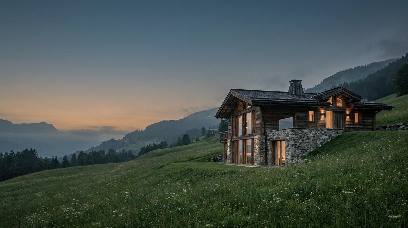 Modernes Alpen-Chalet auf grüner Sommerwiese im Abendlicht mit warm erleuchteten Fenstern