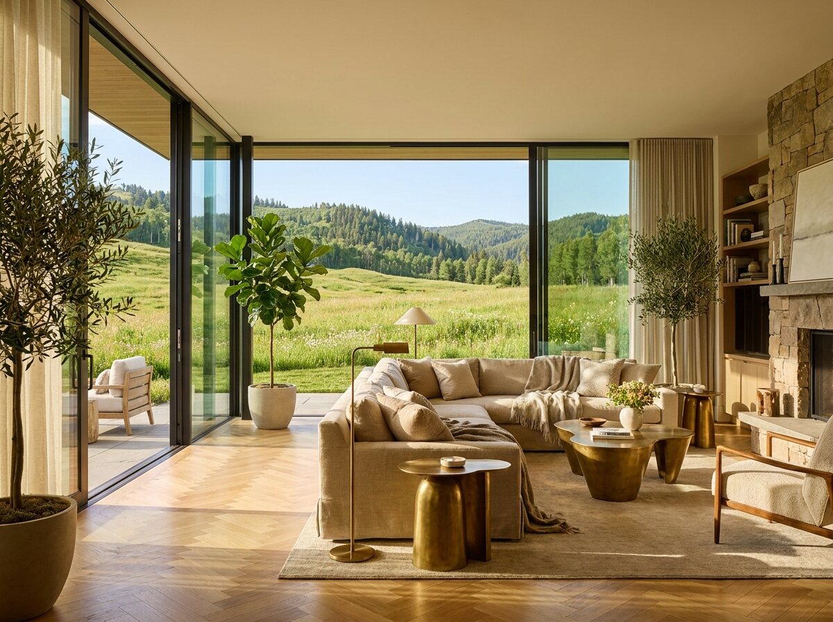 Heller, luxuriöser Wohnraum mit Bergblick